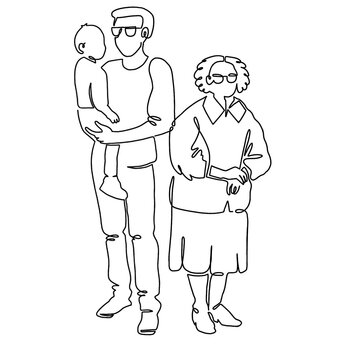 Line Illustration of three people: a father and his son, an older lady