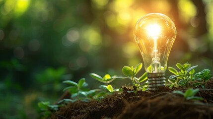 Renewable energy, eco friendly concept photo with light bulb and green plant inside, decoration on blurred background