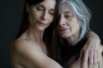 Nice intimate portrait of a couple of middle-aged homosexual women tenderly embracing, eyes half-closed, smiling with complicity and serenity, beautiful, sensual photograph of two gay, lesbian people - obrazy, fototapety, plakaty