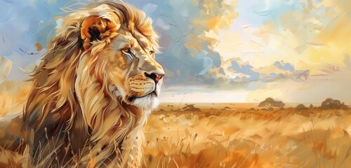 A magnificent lion, regal and stoic, gazes into the distance on the vast savanna, its golden mane ruffled by the gentle breeze as the African sun bathes the landscape in warm