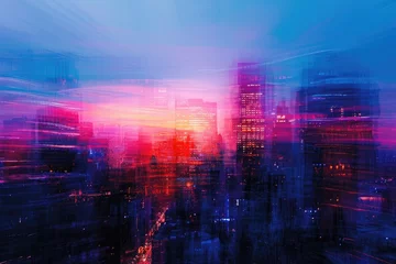 Foto op Plexiglas This photo captures the bustling streets and illuminated buildings of a city at nighttime, Abstract background depicting the vibrant chaos of a city skyline at dusk, AI Generated © Ifti Digital