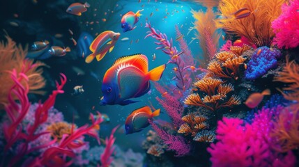 Fototapeta na wymiar Underwater scene. Coral reef, colorful fish and sunny sky shining through clean ocean water. Space underwater