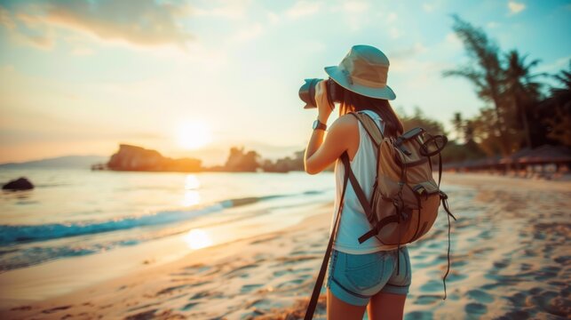 A young photographer taking pictures on a sunny beach, highlight color contrast photography, 