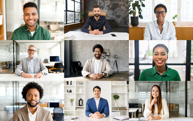 A diverse group of professionals in a modern office environment, each posing individually. The...