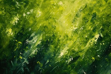 This photo depicts a painting featuring lush, green grass and trees in a serene outdoor setting, Abstract interpretation of a lush, green meadow in spring, AI Generated