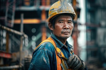 A photography of a skilled construction worker at a construction site, with machinery and structures in the background. 