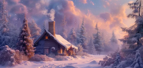 Deurstickers Embrace the enchantment of winter as a charming house, surrounded by snow-laden trees, radiates a welcoming glow, capturing the peaceful allure of a forest dwelling in the heart of the season  © Muhammad