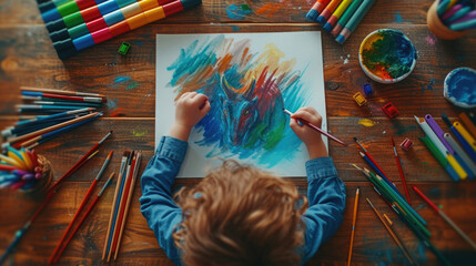 Childhood creativity with this unique t-shirt, young artist deeply immersed in drawing their favorite dinosaur, education, learn, kid, Perfect for every little adventurer with a big imagination