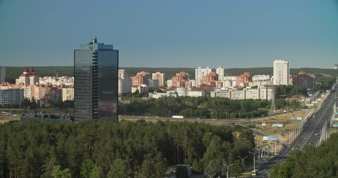 Panorama Minsk residential houses walls summer day Scenic View Of minsk residential Houses. belarus Elevated View Cityscape Skyline.
