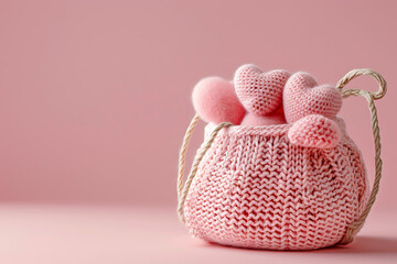 a yarn bag holds pink hearts on a pink background in  - obrazy, fototapety, plakaty