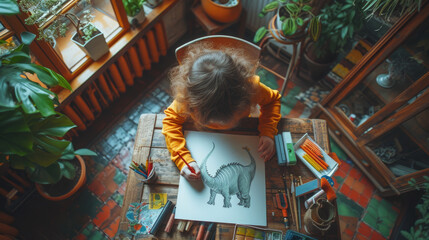 Childhood creativity with this unique t-shirt, young artist deeply immersed in drawing their favorite dinosaur, education, learn, kid, Perfect for every little adventurer with a big imagination