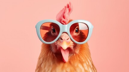 Creative animal concept. Chicken hen in sunglass shade glasses isolated on solid pastel background, commercial, editorial advertisement, surreal surrealism - obrazy, fototapety, plakaty