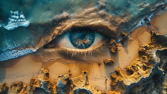 A conceptual image of a beach viewed from above forming a face based on the topology of the area