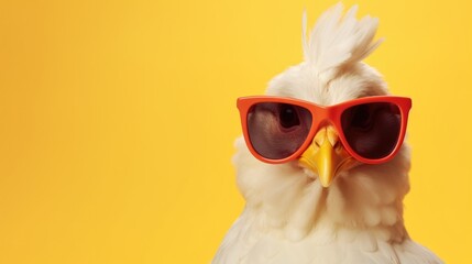 Creative animal concept. Chicken hen in sunglass shade glasses isolated on solid pastel background, commercial, editorial advertisement, surreal surrealism