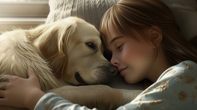 A girl peacefully sleeping with her dog