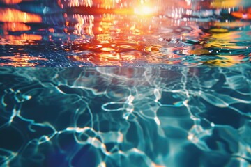 The sun illuminates the water of a pool, casting radiant beams of light through the liquid,...
