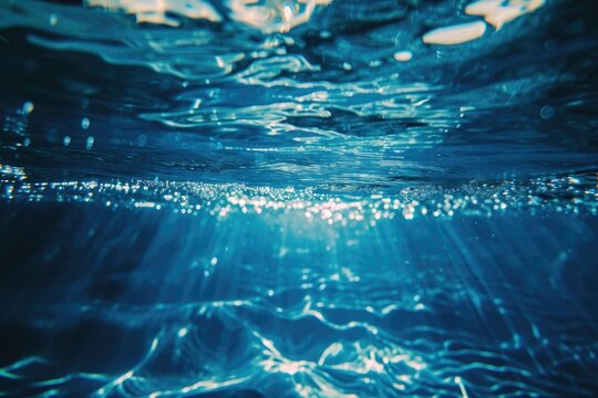 A photo of a blue ocean with sunlight shining through the water, creating a mesmerizing underwater scene, Abstract underwater themed background with light reflections and ripples, AI Generated