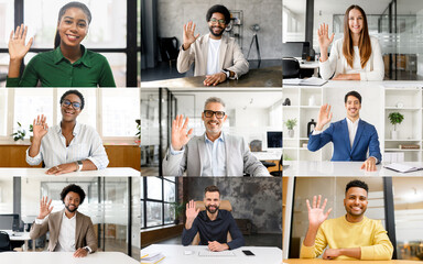 Cheerful collage of professionals, each raising a hand in greeting, reflects a welcoming work environment with a focus on friendliness and openness. The array of approachable and diverse team members