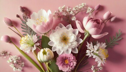 Beautiful spring flowers on light pink background. Top view