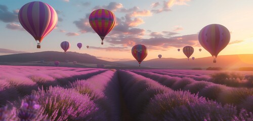 A surreal scene unfolds as hot air balloons drift gracefully above a lavender field, their vibrant...