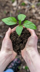 Hands Gently Holding a Sapling with Soil Clinging to the Roots ready be Planted symbolizes Human Care for Environment Stewardship and Personal Connection to Earth created with Generative AI Technology