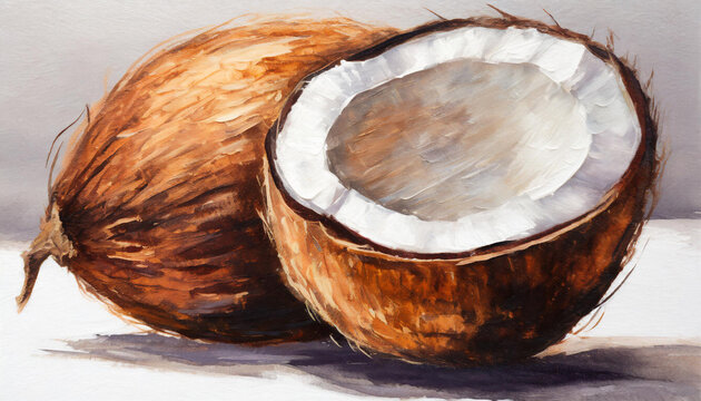 Oil painting of a coconut on pure white canvas, copyspace on one side