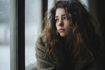 Picture of young woman looking through a rainy window with tears streaking down concept of loneliness and depression generative AI