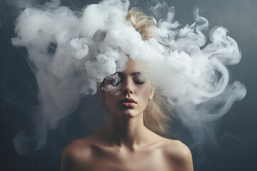 A young woman with her head in a misty cloud suffering from depression and loneliness generative AI