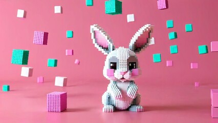 Voxel realistic cute bunny on pink background made of 3d small cubes voxel illustration for video. Generative AI