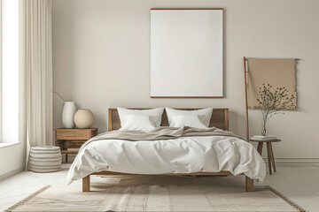 modern bedroom with king size bed in white tone on white background