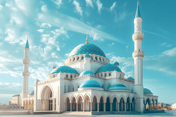 Fototapeta na wymiar photo of a beautiful mosque in light blue and white with a background of sky and clouds