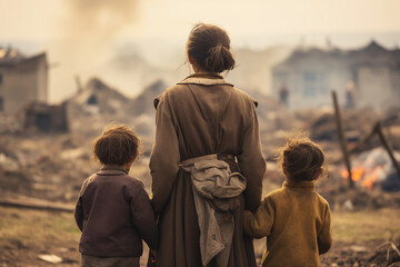 AI generated picture rear view photo of family sitting together looking on burning damaged building
