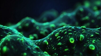 Futuristic dark green neon theme glowing abstract background with living germs and micro organisms from Generative AI - obrazy, fototapety, plakaty
