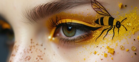 closeup woman face wearing make up painted in honey bee on her eyelid, Generative Ai