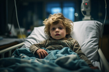 Generative AI photo of cute small boy lying in a hospital bed feeling bad and unwell
