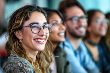 Fototapeta premium photo of a big group of smiling office workers in an office environment, one person talking