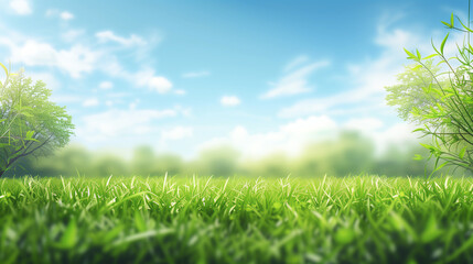Fototapeta na wymiar Beautiful blurred background image of spring nature with a neatly trimmed lawn surrounded by trees against a blue sky with clouds on a bright sunny day.