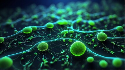 Futuristic green neon theme glowing abstract background with bacilli bacteria cells from Generative AI - obrazy, fototapety, plakaty