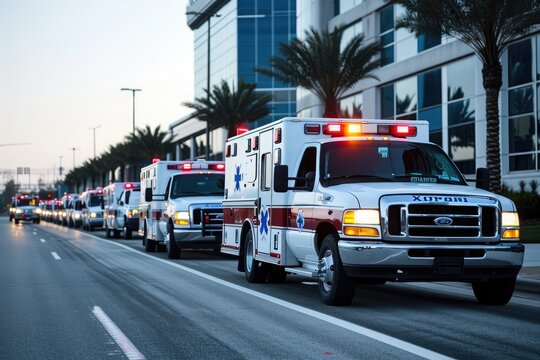 A line of ambulances parked in an orderly fashion on the side of the road, ready to respond to emergencies, Ambulances lined up outside a hospital, AI Generated