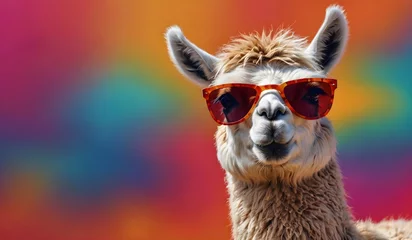 Fotobehang Funny llama wearing sunglasses in studio with a colorful and bright background. Generative AI © Xabi