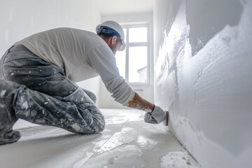 A painter polishes and sands white walls after puttingty before painting in a new apartment banner with a wide angle lens in daylight