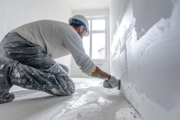 Tapeten A painter polishes and sands white walls after puttingty before painting in a new apartment banner with a wide angle lens in daylight © เลิศลักษณ์ ทิพชัย