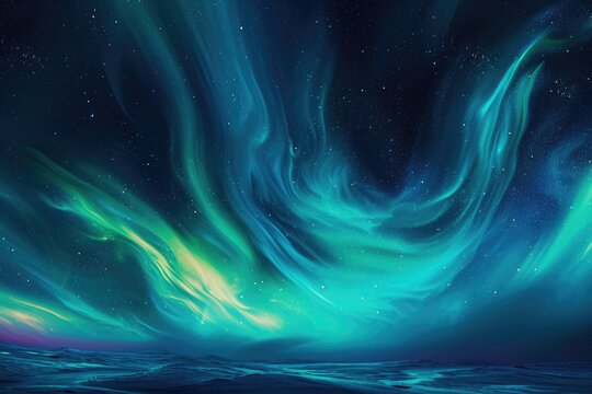 This painting depicts a sky illuminated with vibrant green and blue lights, An abstract background inspired by the Northern Lights, AI Generated