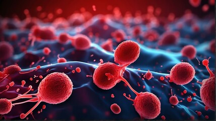 Futuristic red theme glowing abstract background with bacilli bacteria and flu virus cells from Generative AI