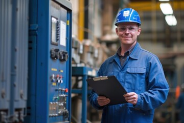 one engineer in blue jumpsuit holding clipboard in a warehouse 