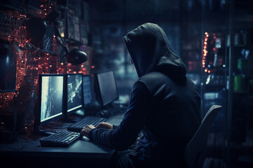 Experienced hacker in action breaking software protection server code Generative Ai image pic