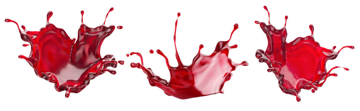Set of red fluid splash crown flow with bubbles and drops isolated. Melted drink for sweet food packaging design. 3D PNG Illustration.