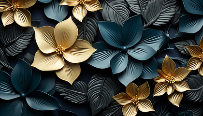 Abstract floral wallpaper with repetitive black and yellow silhouette patterns generated by AI