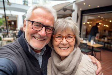 Elderly happy couple enjoying life together styling clothes family portrait Generative AI technology picture image