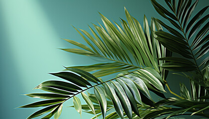 Fresh green palm leaves create a vibrant tropical backdrop generated by AI